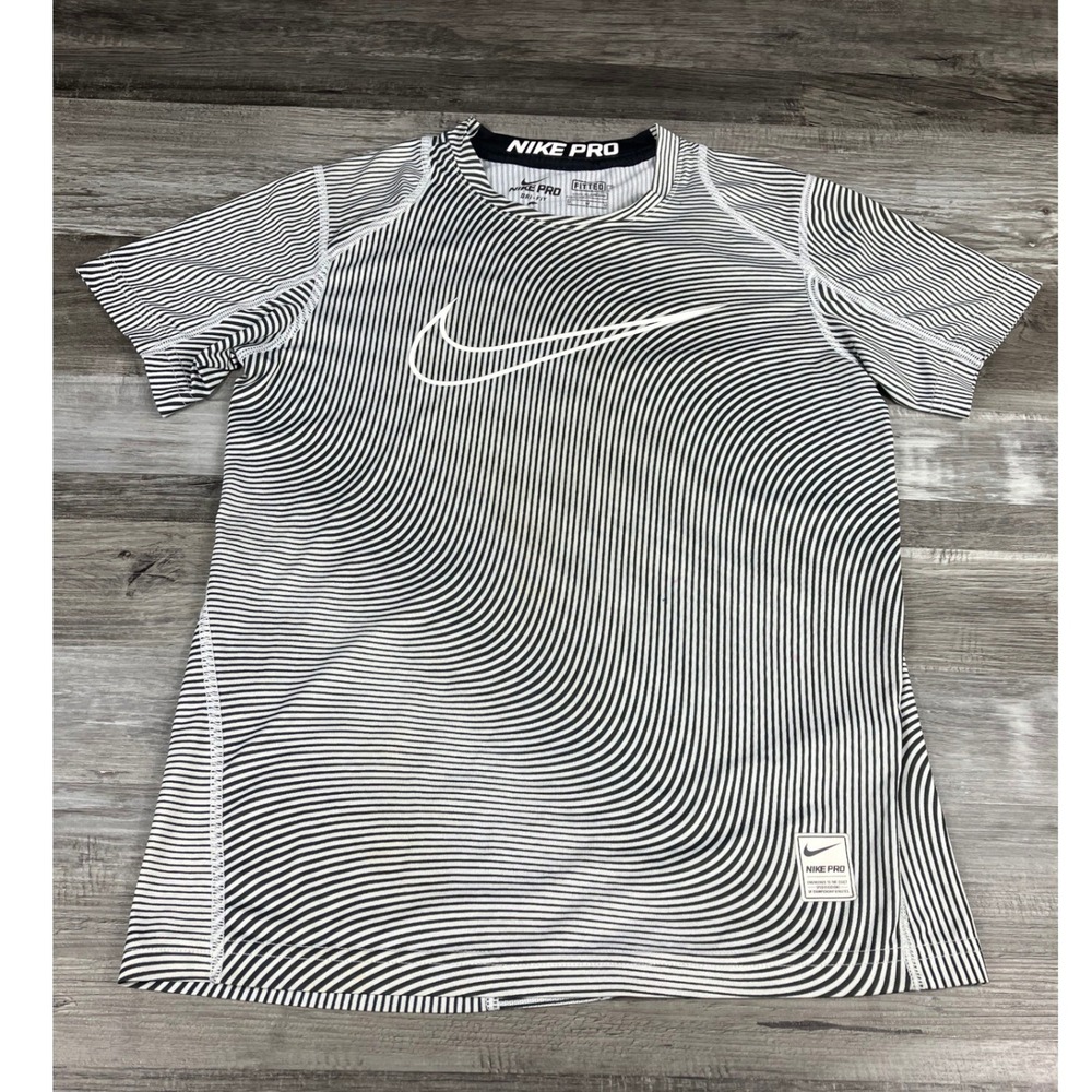 Nike Pro Dri-FIT Mens Medium Fitted Shirt Black White Warped Stripe Illusion